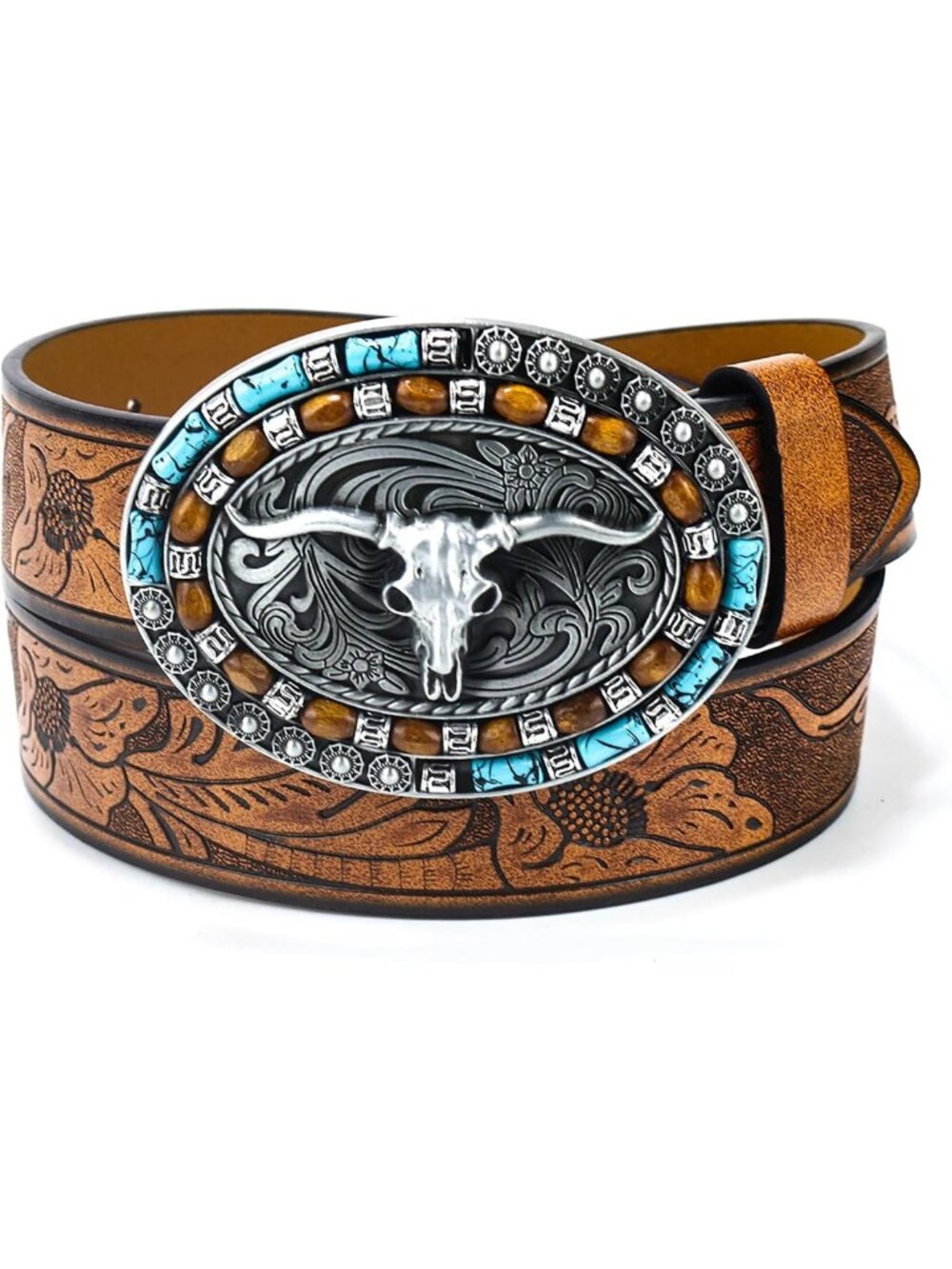 Stylish Women's Western Leather Belt with Turquoise Oval Buckle & Embossed